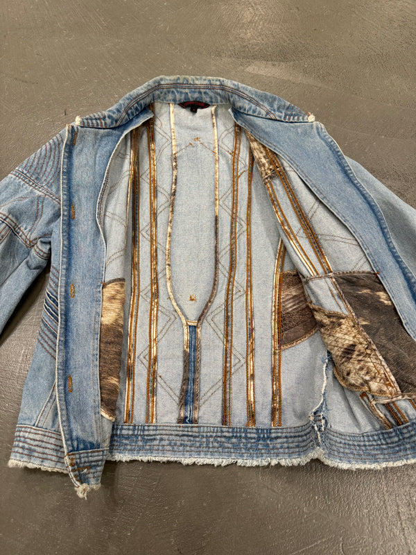 2000s Roberto Cavalli mainline paneled biker denim jacket