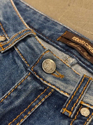 2000s Roberto Cavalli distressed flared slim jeans