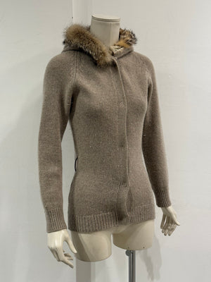2000s Prada wool fur-trim hooded cardigan