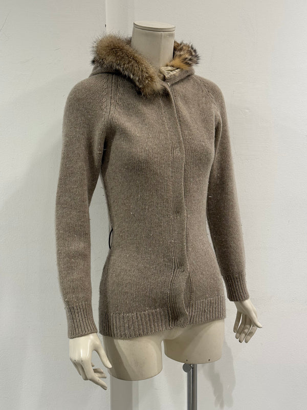 2000s Prada wool fur-trim hooded cardigan