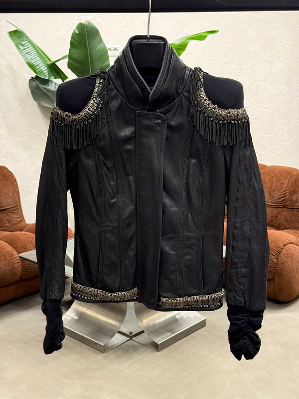 2000s Roberto Cavalli safety pin military leather jacket