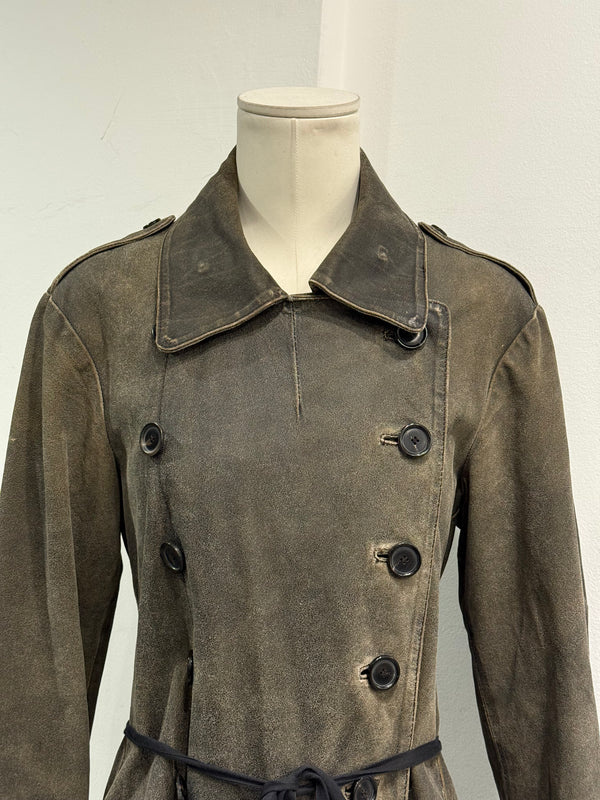 2002 Ann Demeulemeester distressed leather double-breasted belted coat