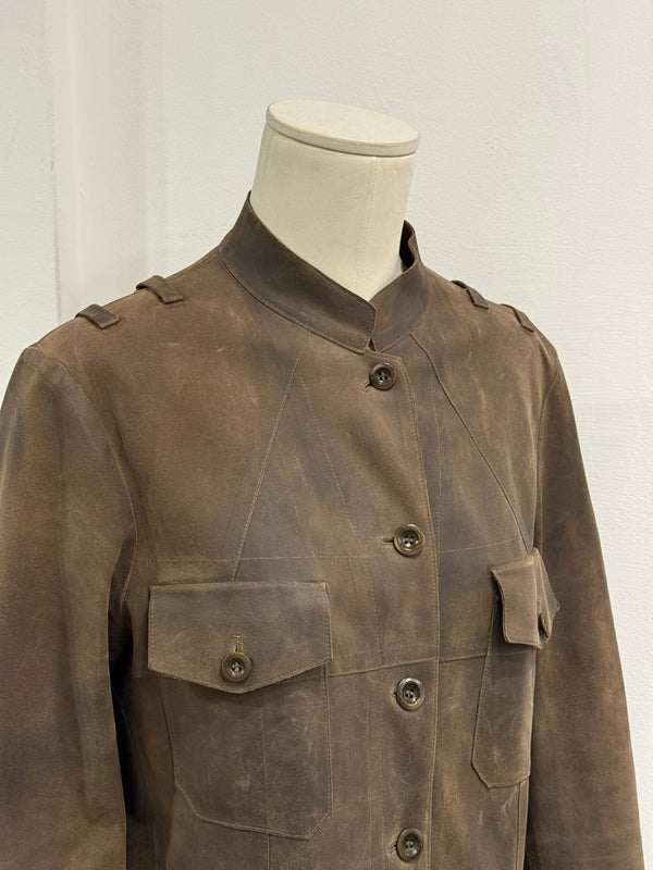 2000s Miu Miu burned distressed military leather jacket