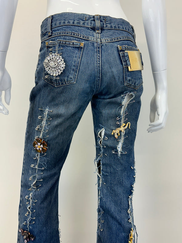 S/S 2001 Dolce & Gabbana safety pin punk jeans with broches