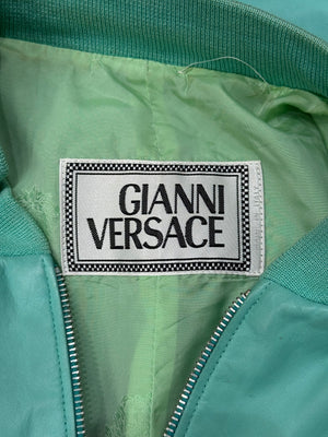 1990s Gianni Versace turqoise woven-sleeve leather bomber jacket