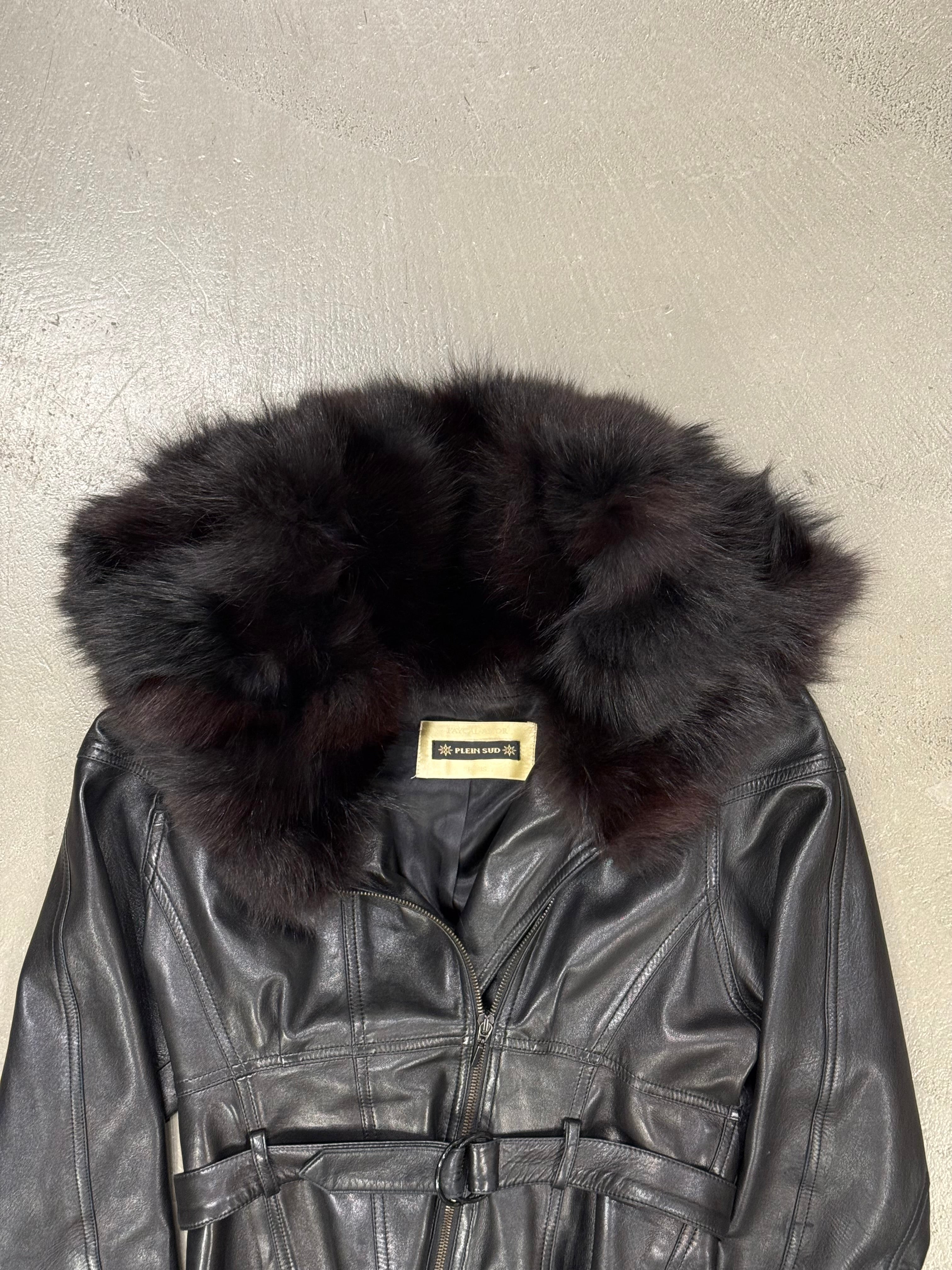 2000s Plein Sud fox fur hooded zipper leather jacket