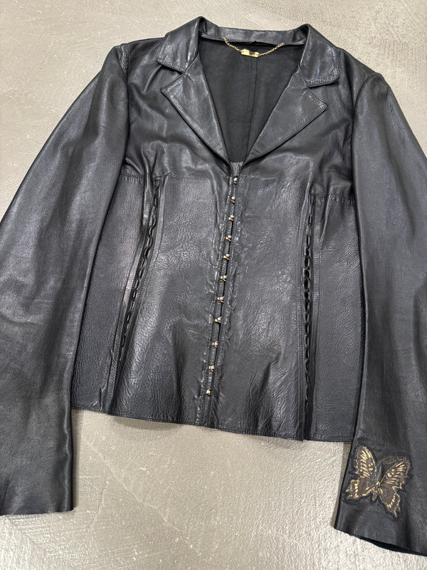 Roberto Cavalli gold butterfly embroidery leather jacket