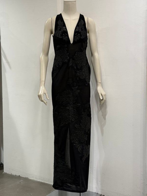 A/W2002 Roberto Cavalli runway leather floral patches sheer dress