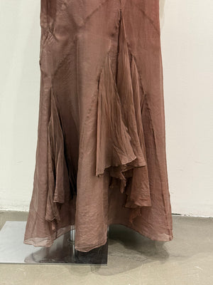 2000s Roberto Cavalli brown silk pleated waistband fluid long skirt