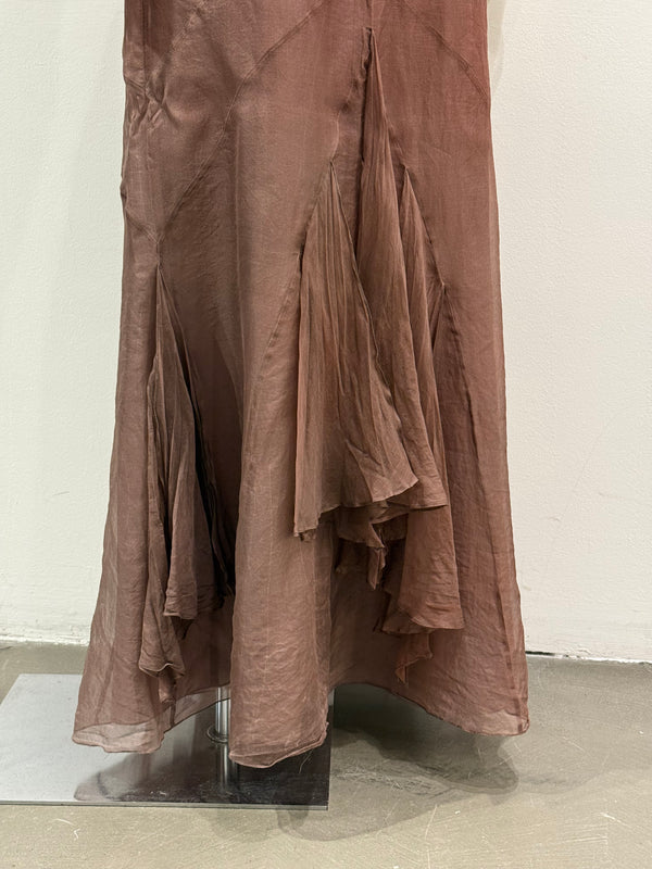 2000s Roberto Cavalli brown silk pleated waistband fluid long skirt
