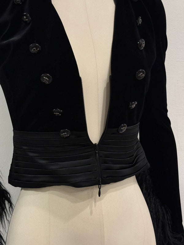 2022 Emporio Armani velvet napoleon jacket with feather trim
