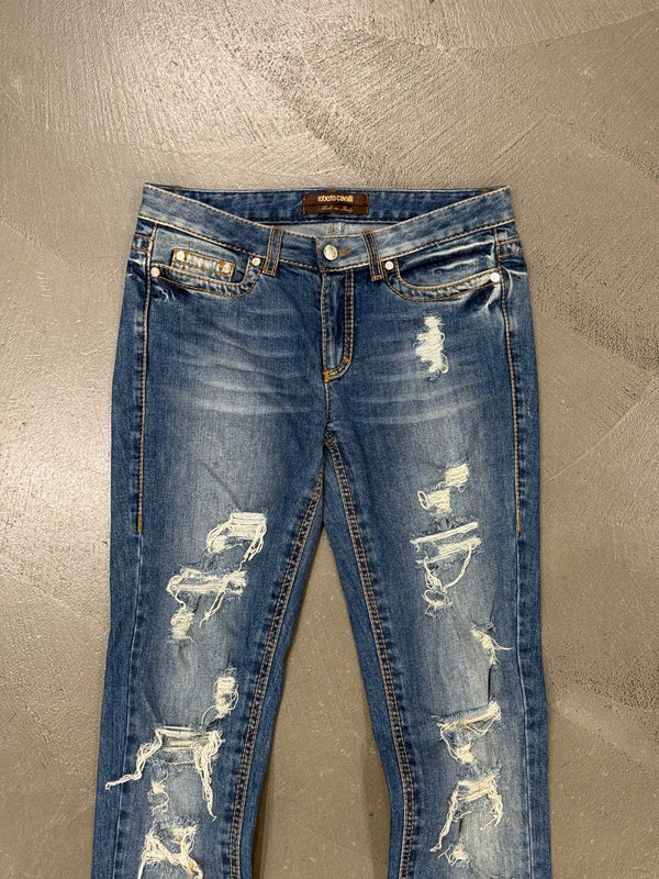 2000s Roberto Cavalli distressed flared slim jeans