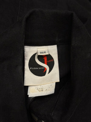 2000s Plein Sud hybrid biker denim jacket with leather shoulders