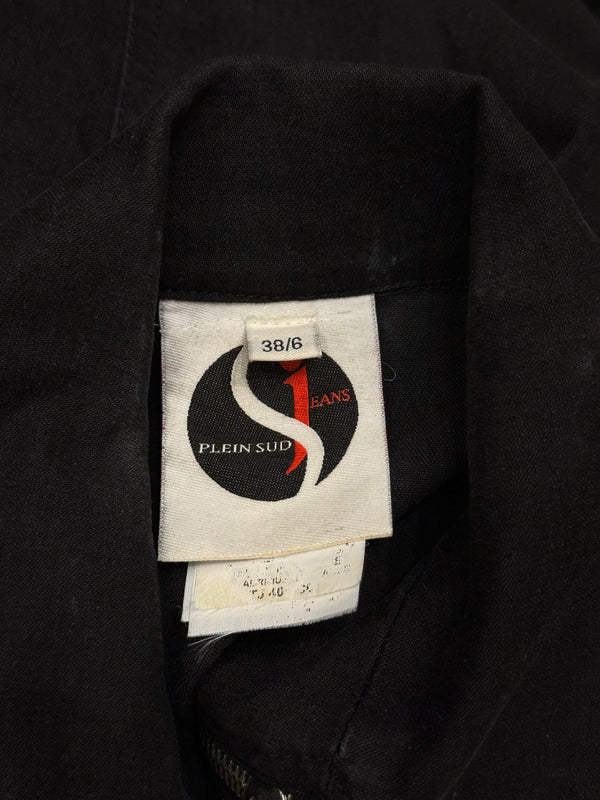 2000s Plein Sud hybrid biker denim jacket with leather shoulders