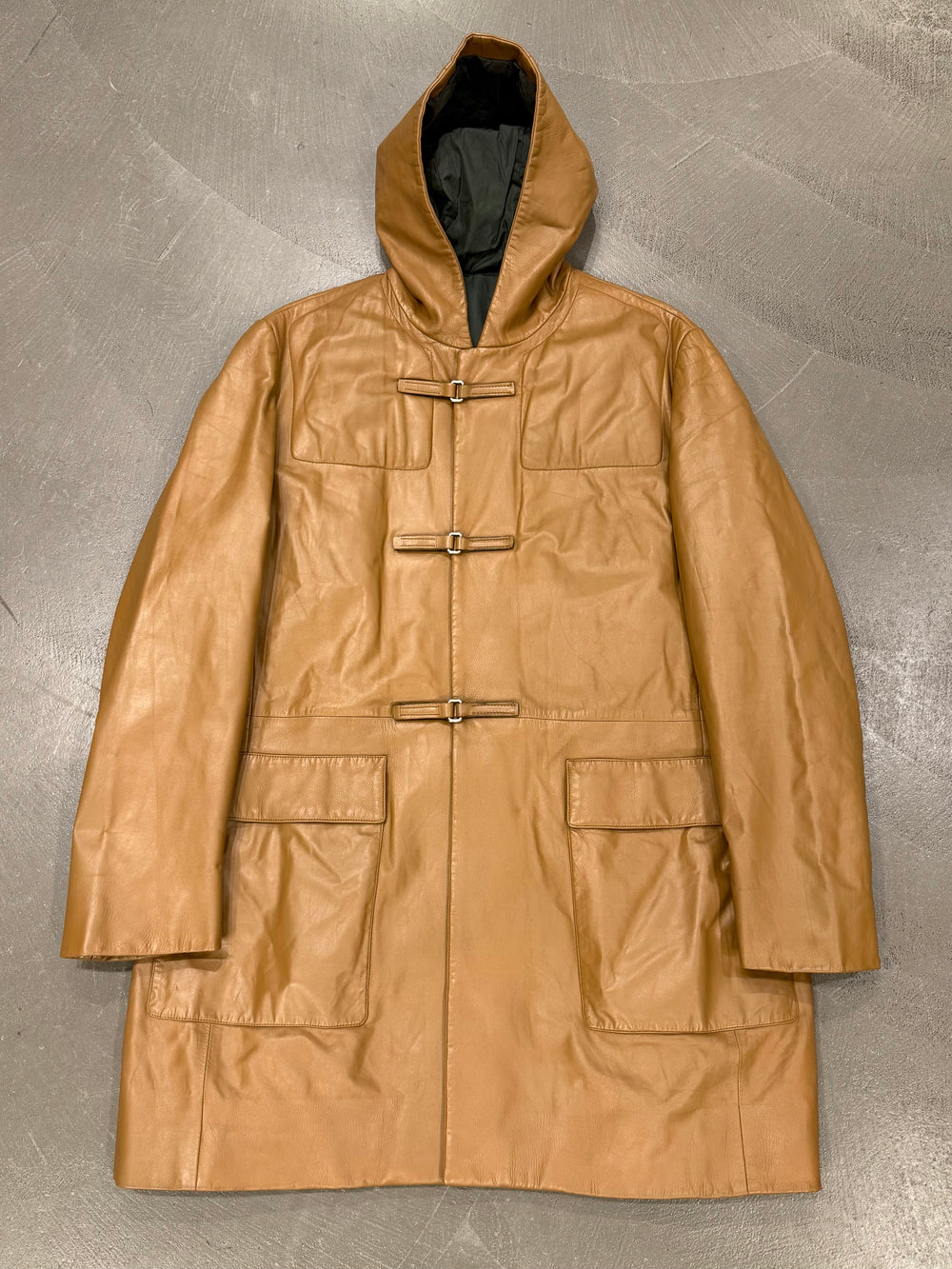A/W1999 Prada runway leather hooded duffle coat