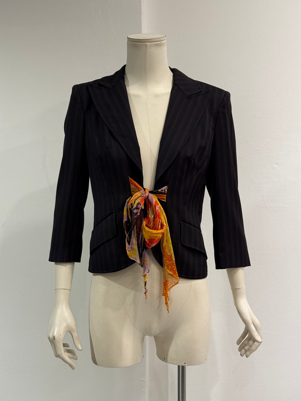 2000s Dolce & Gabbana scarf detail pinstripe suit