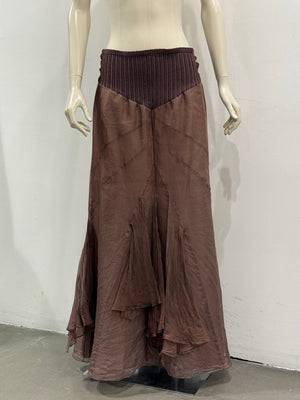 2000s Roberto Cavalli brown silk pleated waistband fluid long skirt