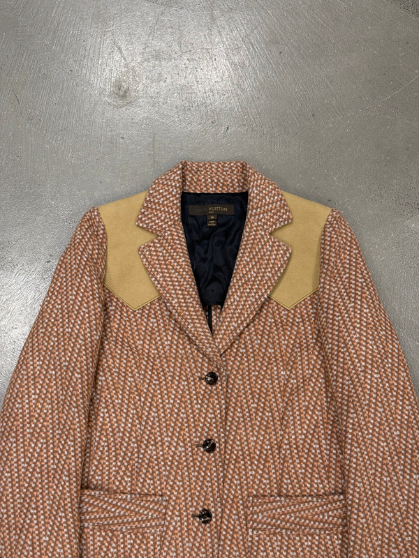 2000s Louis Vuitton by Marc Jacobs houndstooth blazer jacket with suede shoulders