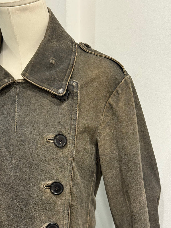 2002 Ann Demeulemeester distressed leather double-breasted belted coat
