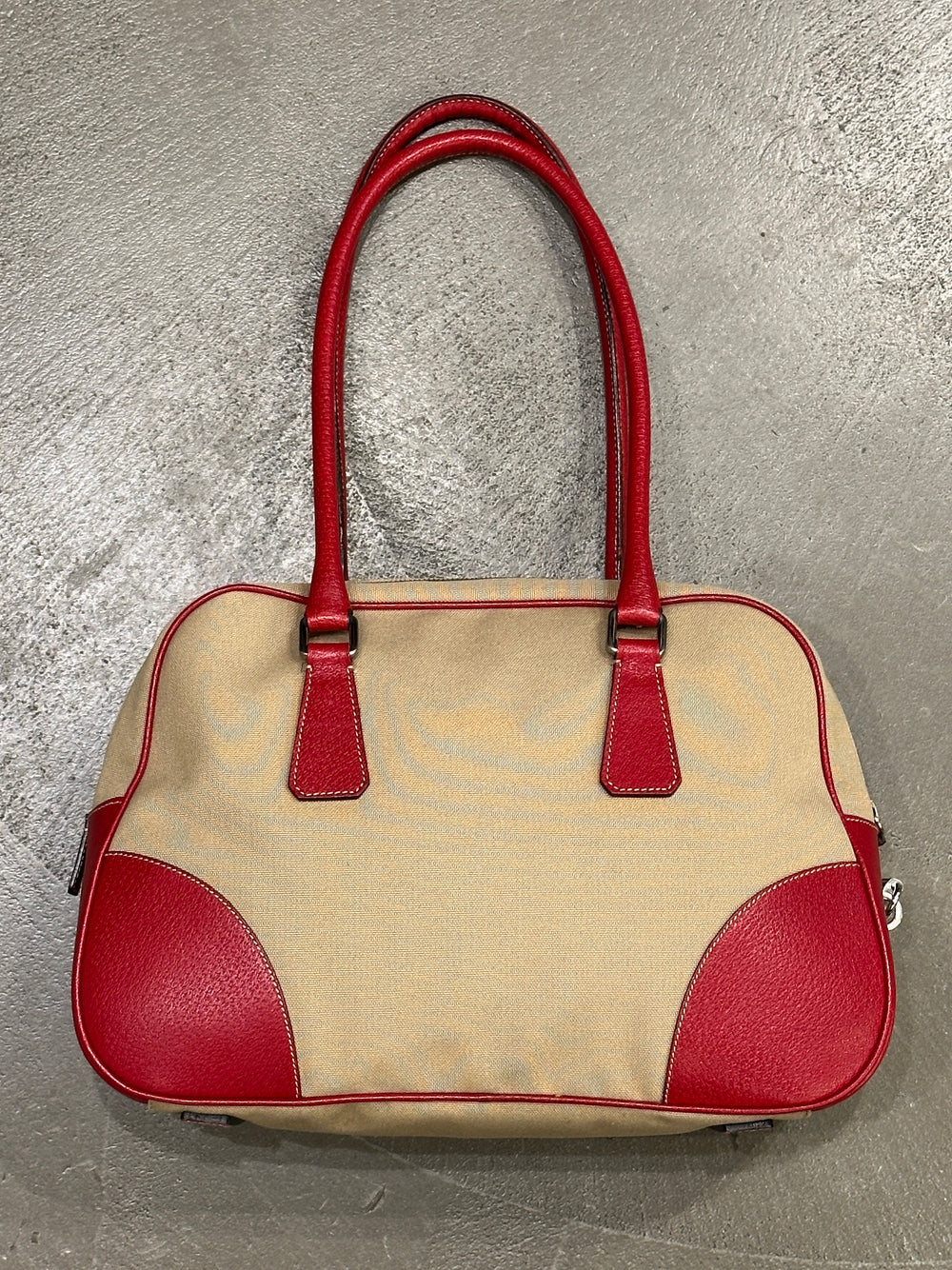 2000s Prada jacquard bowler bag with red leather trim