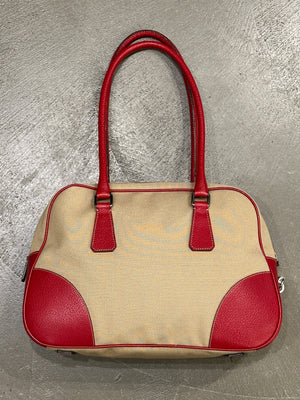 2000s Prada jacquard bowler bag with red leather trim