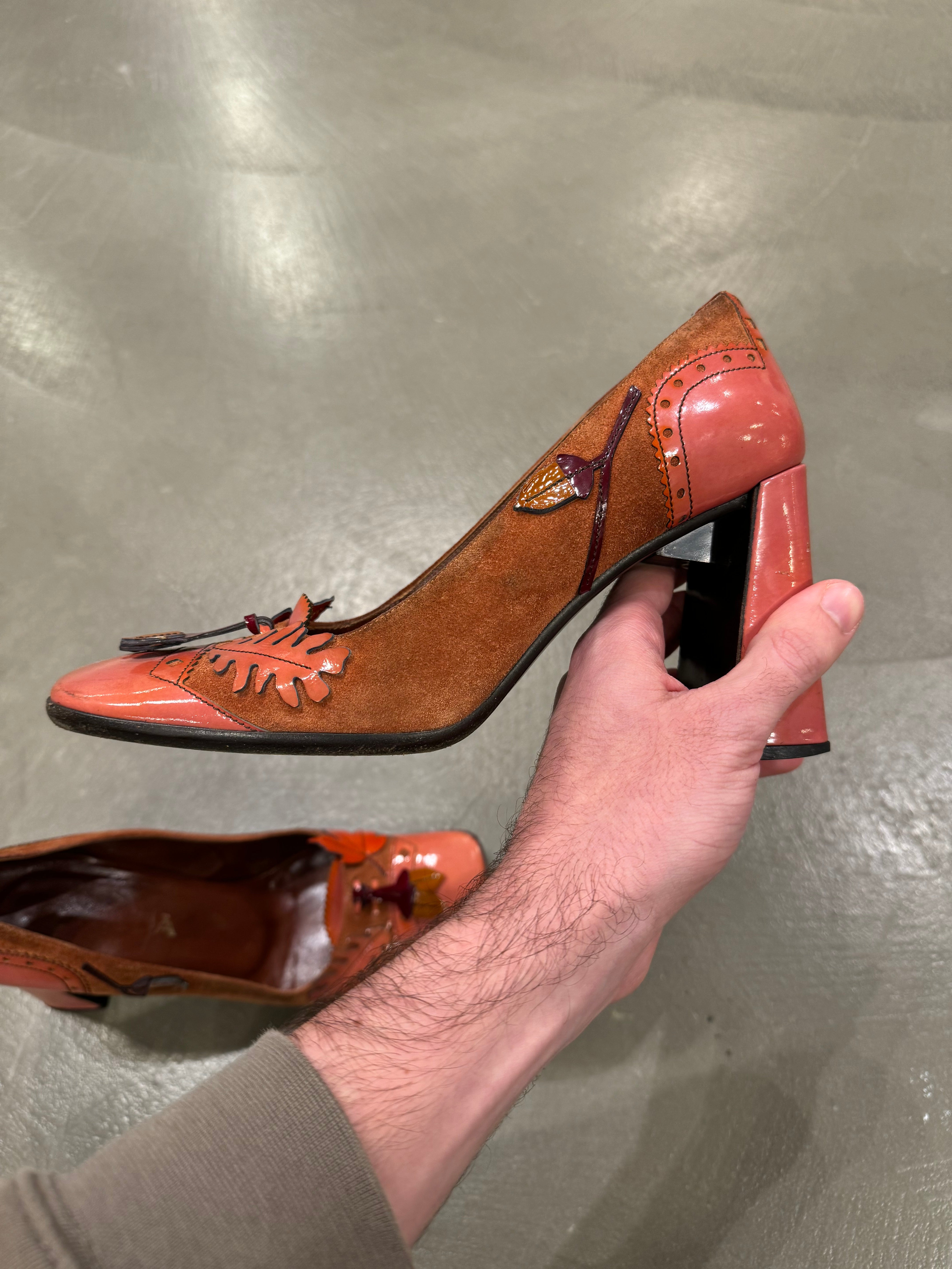 A/W1999 Prada runway acorn and oak leaf suede heels