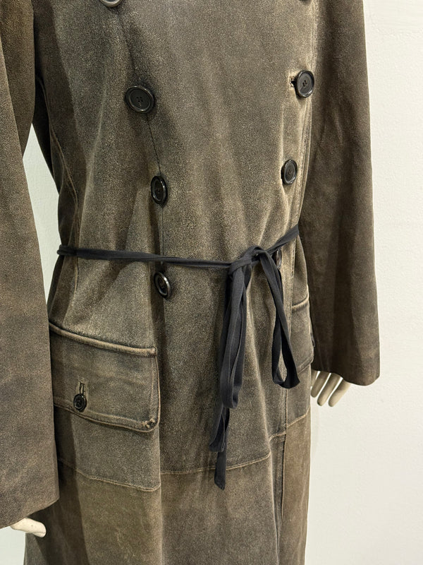 2002 Ann Demeulemeester distressed leather double-breasted belted coat