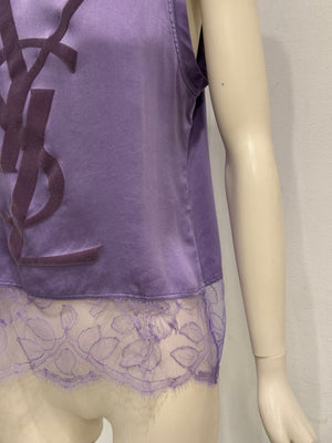2000s Yves Saint Laurent by Tom Ford logo lace hem silk top