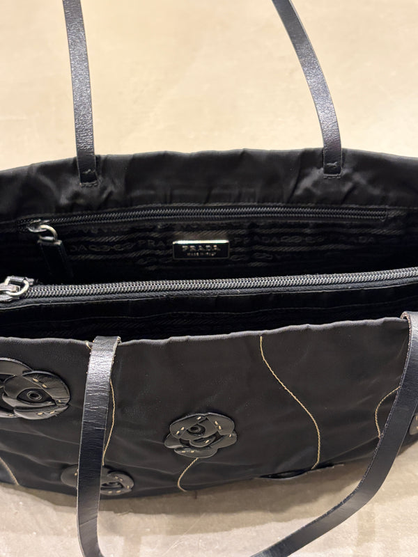 2000 Prada floral appliqué nylon tote bag