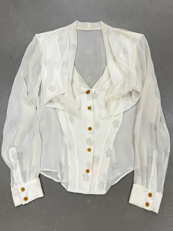 2000s Vivienne Westwood red label orb ruffle sheer blouse