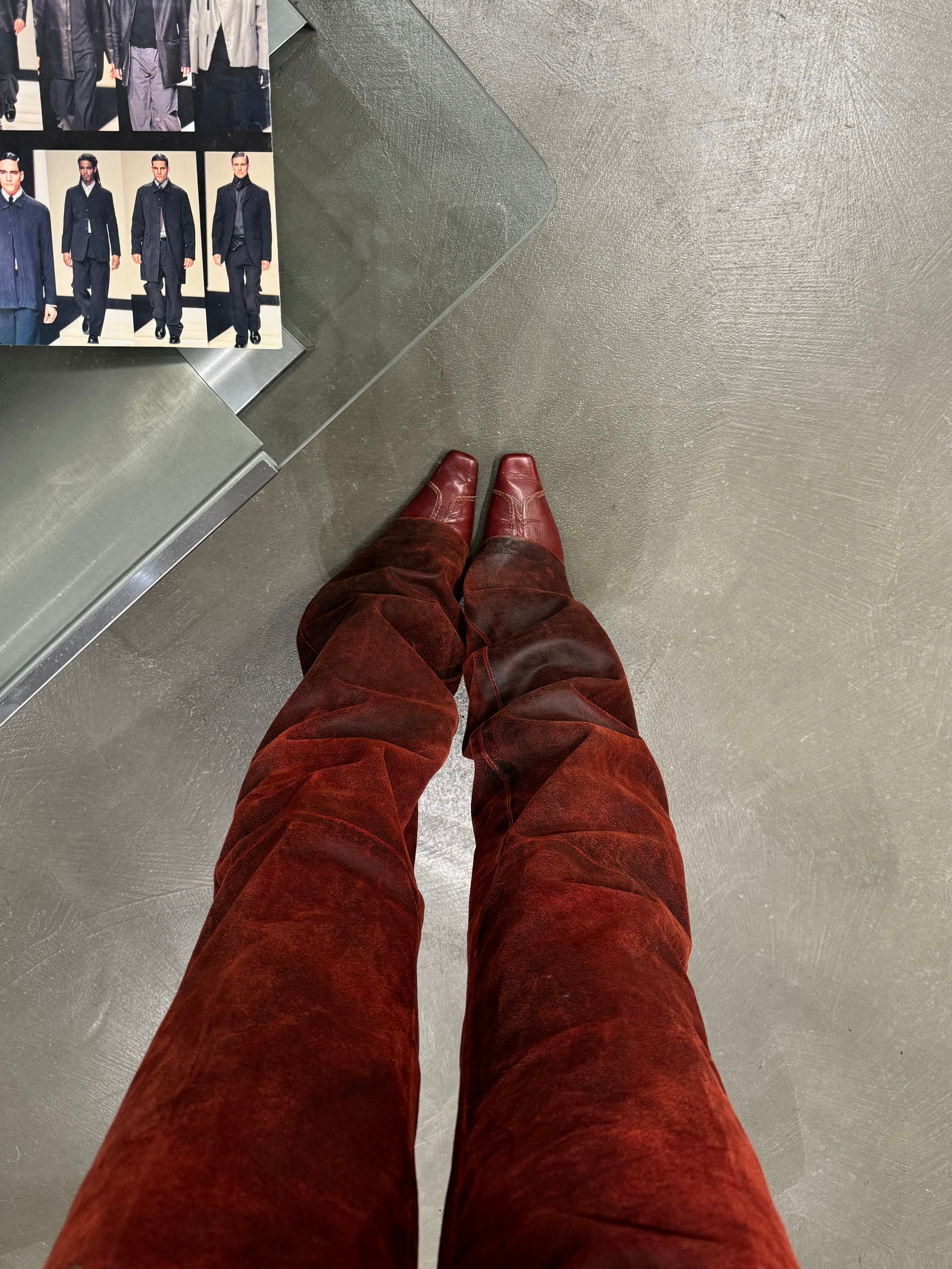 A/W2001 Ann Demeulemeester distressed painted red leather pants