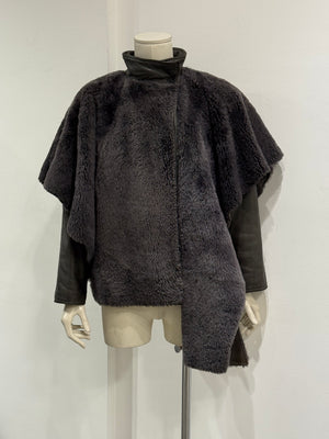 1980s Gianni Versace shearling leather cape jacket with layered construction scarf