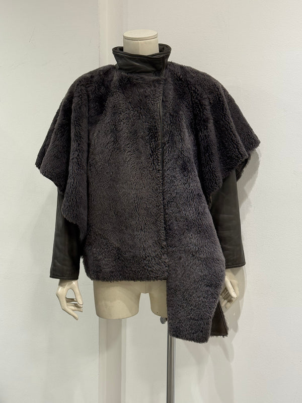 1980s Gianni Versace shearling leather cape jacket with layered construction scarf