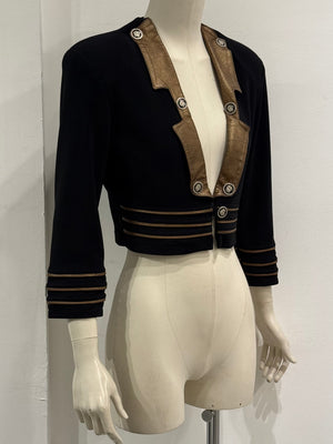 1990s Gianni Versace Napoleon cropped tailored jacket with contrast leather trim