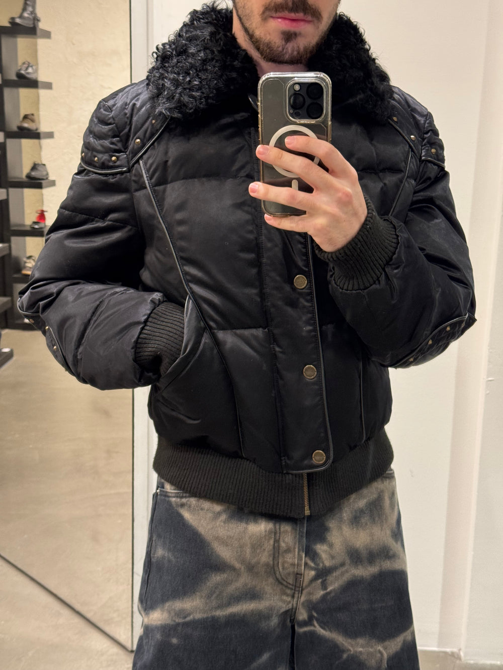 2000s Roberto Cavalli studded boxy armor puffer bomber jacket with removable fur
