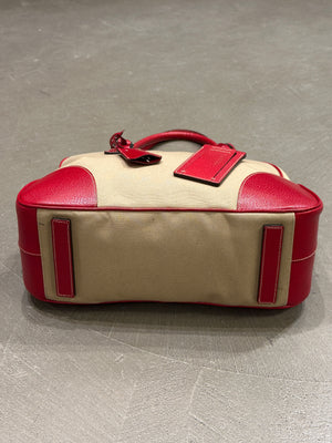 2000s Prada jacquard bowler bag with red leather trim