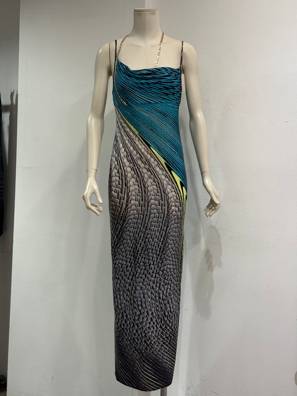 S/S2001 Roberto Cavalli Psychedelic print chain evening dress
