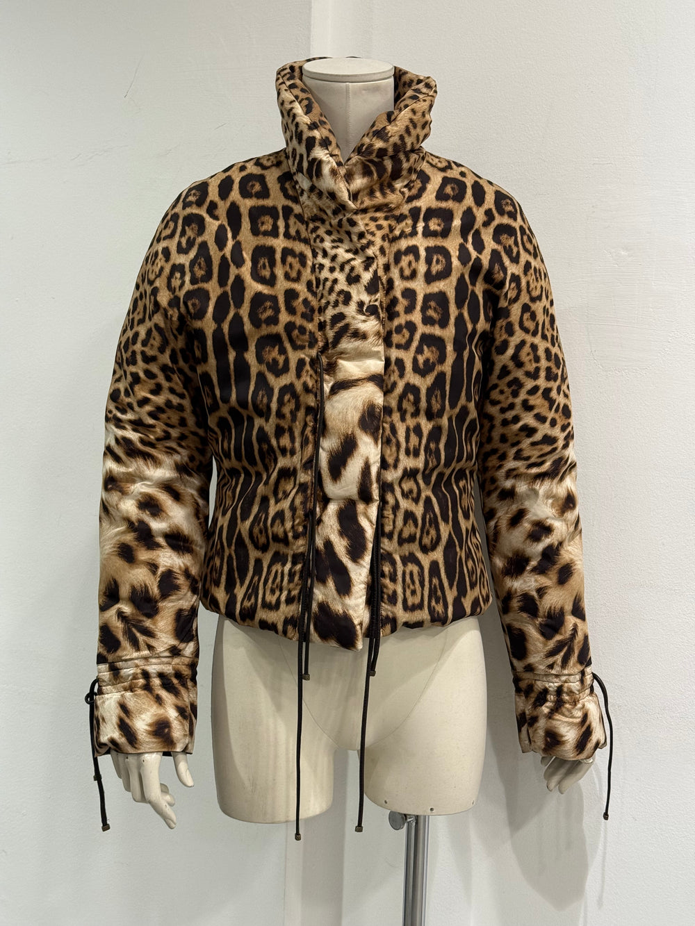 2000s Roberto Cavalli leopard print silk puffer jacket with leather straps