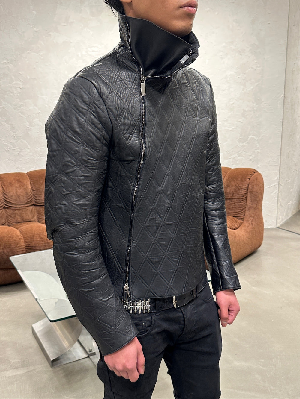 2014 Emporio Armani asymmetrical lozenged biker leather jacket