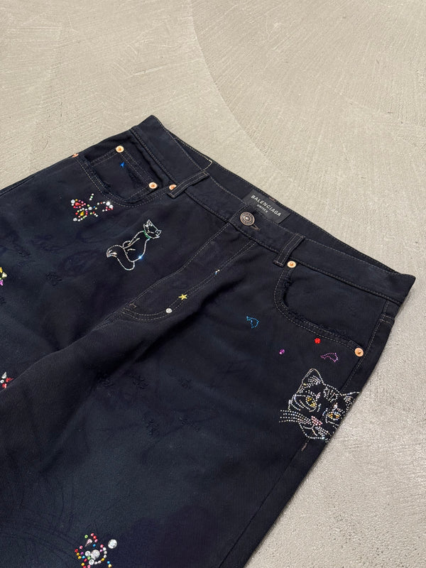 Balenciaga crystal cat graffiti jeans