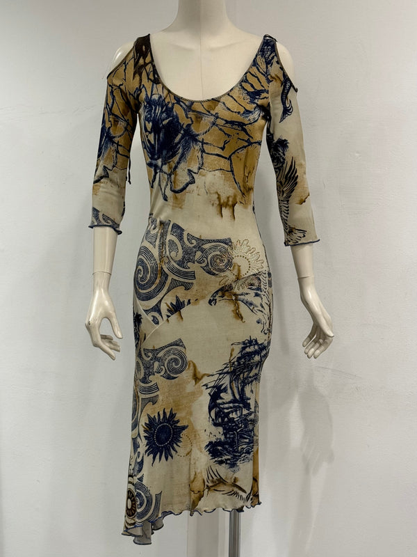 2000s Roberto Cavalli geometric open shoulders dress
