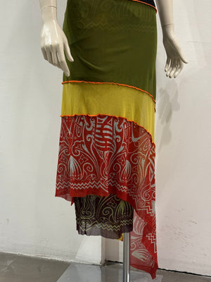 S/S1996 Jean Paul Gaultier runway printed mesh layered maxi dress
