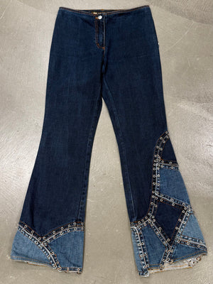 2000s Jean Paul Gaultier pierced patchwork flared jeans