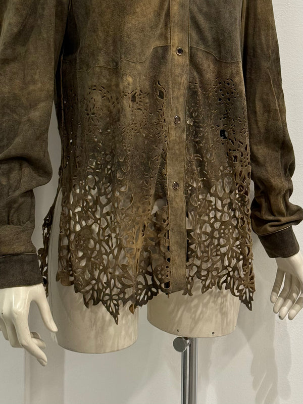 2000s Roberto Cavalli laser-cut distressed leather shirt