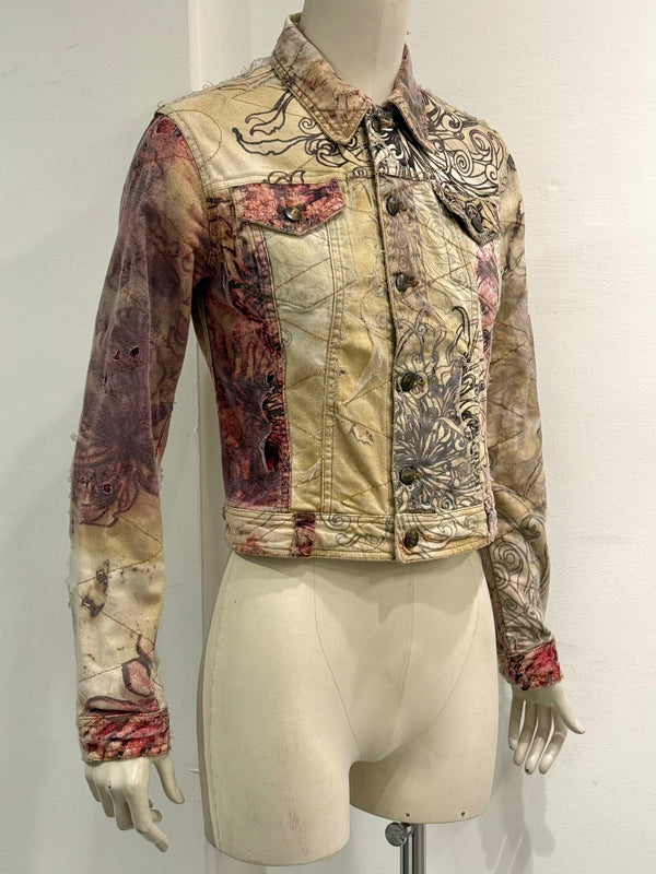 2001 Cavalli floral distressed double layer denim jacket