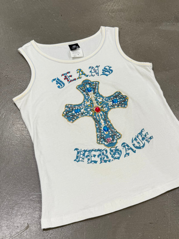 2000s Versace embellished stones cross tank top
