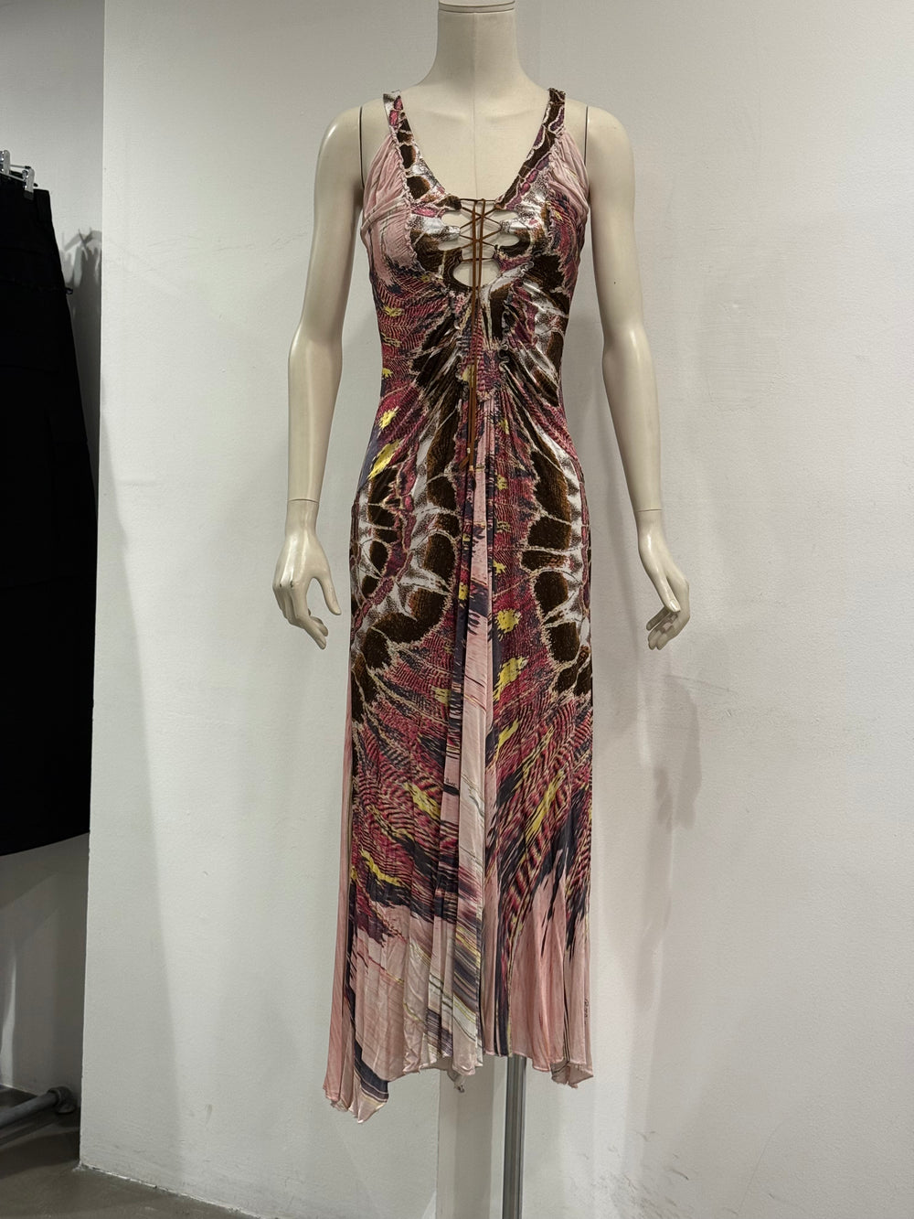 2004 Roberto Cavalli feather lace-up dress