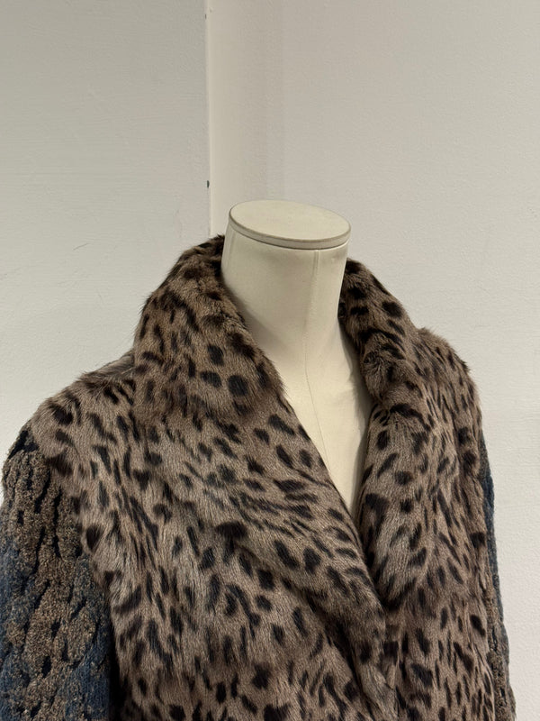 2000s Roberto Cavalli leopard print jacket with knit sleeves and fur details