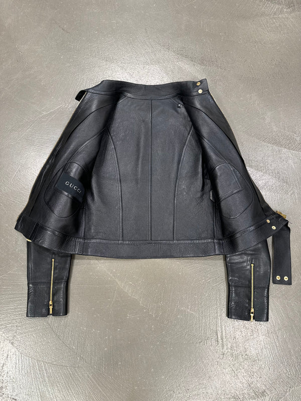 S/S1999 Gucci by Tom Ford fitted black biker leather jacket with gold accents