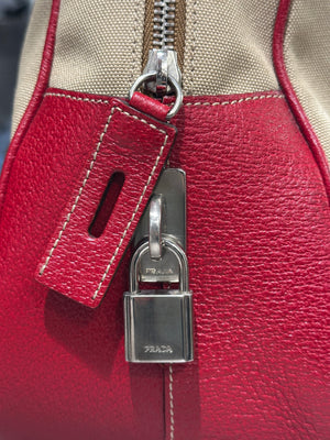 2000s Prada jacquard bowler bag with red leather trim